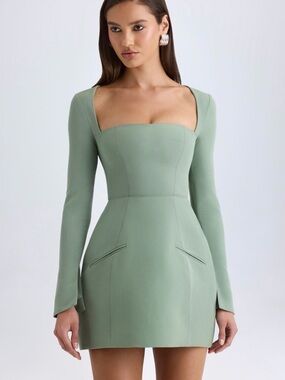 TAESHA
Square-Neck Structured Tulip Mini Dress in Khaki Green